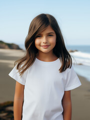 Wall Mural - Young girl child kid white tee t-shirt t shirt mockup mock-up, mock up at the beach