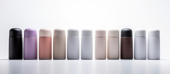 Poster - A variety of deodorant bottles neatly arranged on a white table with plenty of blank space for adding text. Creative banner. Copyspace image