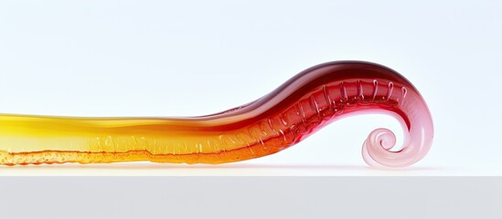 Sticker - A single worm shaped jelly sour and colored in red and yellow stands alone on a white backdrop creating a copy space image