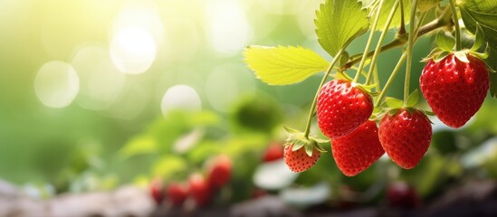 Wall Mural - Image of strawberry fruits growing in a garden with ample copy space