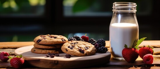 Wall Mural - A copy space image of homemade cookies forest fruits and a milk jar placed on a wooden platter captured from a diagonal angle