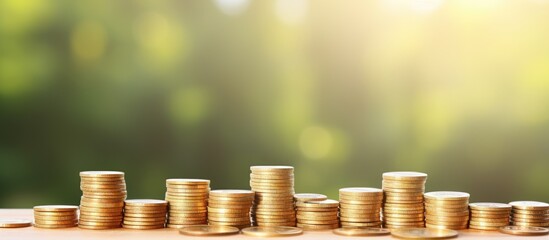 Sticker - Coins arranged as payment stacked on an empty white table with a blurred nature abstract background Copy space image