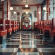 © Thares2020 - Classic 1950s Diner with Checkered Floors Jukebox and Red Leather Booths Retro Vintage Style Concept