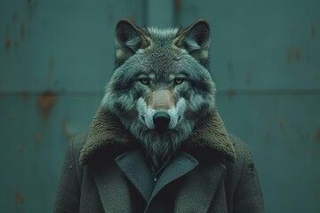 Wolf-headed man in suit, casual pose, minimalist interior, surreal, soft teal color