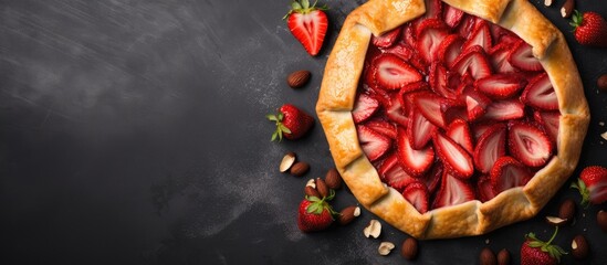 Canvas Print - Copy space image of a homemade galette featuring fresh strawberries and a delicious nut cream displayed on a gray stone or slate backdrop