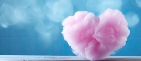 Poster - A heart shaped cotton candy sits on a blue wooden background leaving space for additional images or text