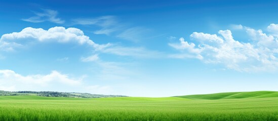a picturesque scene with a lush green field extending beneath a clear blue sky providing ample copy 
