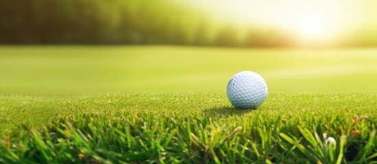 Sticker - A putter and a golf hole can be seen on a green field with a golf ball nearby The image can be used as a copy space