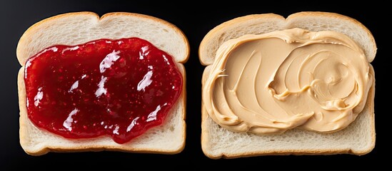 Wall Mural - A top view of peanut butter and jelly on white bread toasts placed on a white background with copy space image