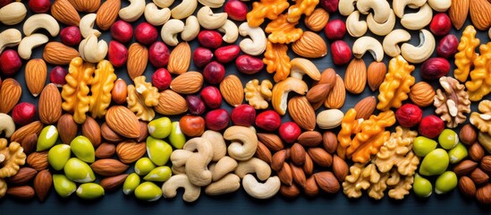 Sticker - Colorful background with a delightful assortment of coated nuts for a copy space image