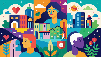 Wall Mural - A series of colorful murals painted by local artists are on display in a downtown area each portraying a different aspect of mental health and its impact on the community.. Vector illustration