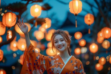 Japanese girl dons a graceful kimono and holds a traditional Asian lantern, amidst a sea of glowing lanterns, Embraced by the warm ambiance of a summer festival night.