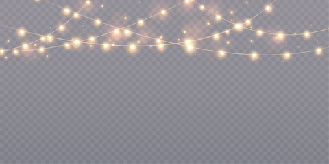 Wall Mural - Vector garlands and yellow lights glow on a transparent background. Festive chain of lights, vector illustration 10 EPS