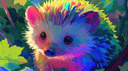 Wall Mural - A colorful painting of a hedgehog with a pink nose and green eyes. The painting has a bright and cheerful mood, with the colors of the hedgehog and the leaves creating a sense of playfulness