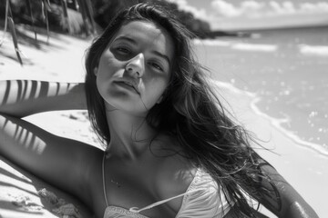 Poster - A woman with long hair is laying on the beach. She is wearing a white bikini top and is looking at the camera