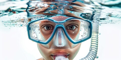 Sticker - A young girl is wearing a pair of blue goggles and a snorkel. She is underwater and she is enjoying her time