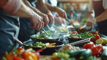 Wall Mural - A group of people are cooking food in a kitchen. The food includes vegetables, such as carrots, peppers, and broccoli, as well as a variety of other ingredients. The atmosphere is lively and bustling