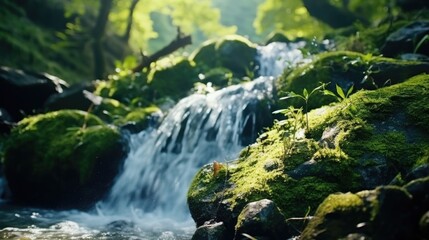 Wall Mural - A stream of water flows over mossy rocks in a forest. The water is clear and the moss is green and lush. The scene is peaceful and serene, with the sound of the water