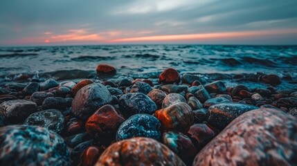 Wall Mural -  A group of rocks atop a beach, bordering a body of water Sunset colors tint the sky above