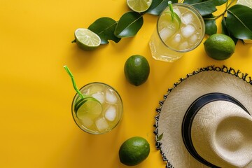 A yellow background with two glasses of limeade and a straw in each glass