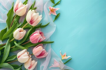 Sticker - A bouquet of pink and white tulips is arranged on a blue background. The flowers are surrounded by a white cloth, which adds a touch of elegance to the scene. Scene is one of beauty and serenity