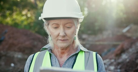 Poster - Helmet, tablet and mature woman in site, construction and contractor in property, outdoor and walkie talkie. Information, architect and person with update in maintenance, inspection and transceiver