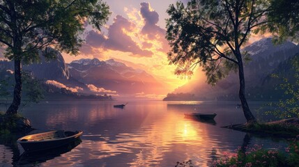 Wall Mural - A natural scene of the picturesque sky mountains boats on the pond and tree shadows at sunset