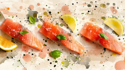 Wall Mural - fish up-close on a plate, garnished with sliced lemons and an additional lemon slice at the edge A knife stands by