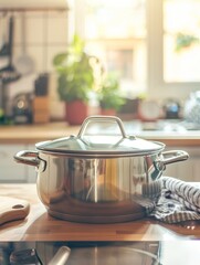 Shiny stainless steel pot sits on wooden counter top.