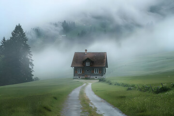 Wall Mural - A small wooden house on the side of an empty road, surrounded by green grass and a foggy forest in the background. Traditional Swiss farmhouse in the countryside.