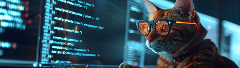 Focused Feline Programmer in Dimly Lit Digital Workspace Coding Intently on Laptop Computer