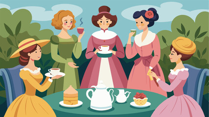 Wall Mural - Women in elegant 19th century dresses hosting a tea party and discussing womens suffrage during a historical reenactment event.. Vector illustration