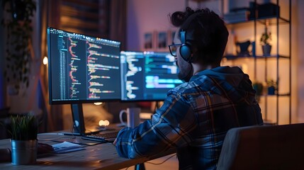 Developer Coding Complex Website with Dual Monitors Showing Code and Live Preview for Web Development Concept