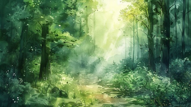 watercolor The green forest is a beautiful place to take a walk. The sun shines through the trees and makes the leaves glow. The air is fresh and clean. The path is easy to follow.