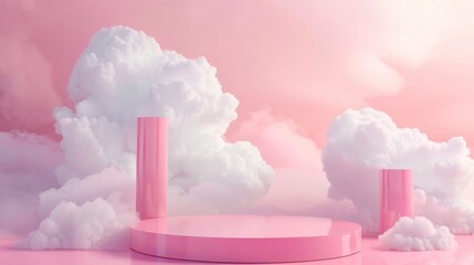 Wall Mural - background 3d luxury podium renders minimal digital illustration of white clouds floating on a round podium.