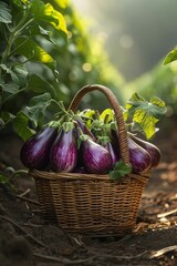 Wall Mural - eggplant bushes in rows in the garden, basket with large ripe purple eggplants stands in the foreground, sunlight passes through the leaves