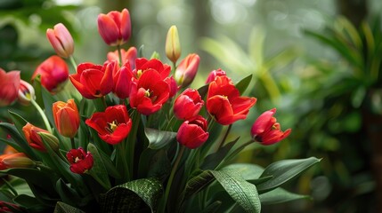 Wall Mural - red tulip a stunning bouquet of tropical flowers with exotic green leaves on natural ground backgrou