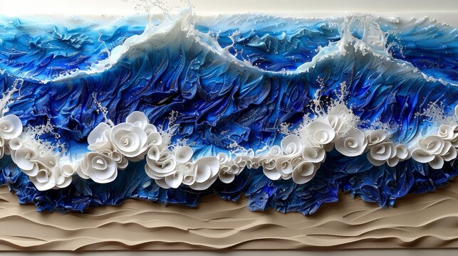  A painting of a blue-white wave, adorned with white flowers beneath The crest and trough are a harmonious blend of blue and white hues; below, flowers blo