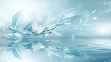Naklejka na meble  A white bloom atop clear water, near a green-white plant,..In water's depths, a vibrant blue sky overhead