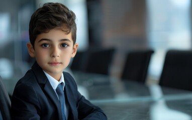 Wall Mural - Young boy sits alone in boardroom.