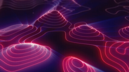 Wall Mural - Purple looped futuristic hi-tech landscape with mountains and canyons from glowing energy circles and magic lines. Abstract background