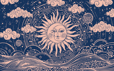 Wall Mural - Celestial astrology card of the sun and moon with face, vector esoteric poster of zodiac, horoscope, tarot. Creation of the Universe with clouds, stars and sun.