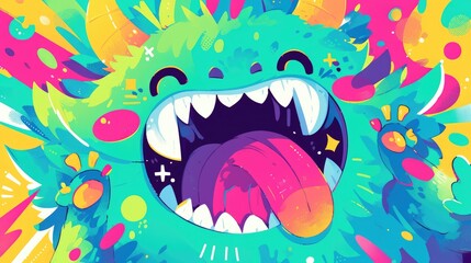 an adorable green monster sticking out its tongue and sporting horns in a vibrant 2d art colorful dr