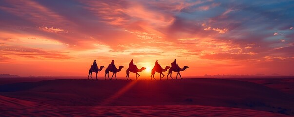 Wall Mural - Silhouetted Camel Caravan Traversing Expansive Desert Landscape at Vibrant Sunset