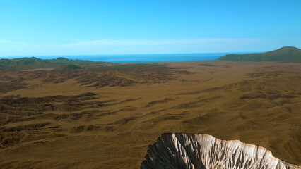 Aerial view of autumn yellow valley and stony cleft. Clip. Flying above stunning summer hilly region.