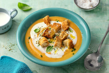 Wall Mural - Pumpkin mashed soup with croutons