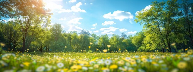 Wall Mural - Beautiful blurred spring background nature with blooming glade, trees and blue sky on sunny day. , 4k HD wallpapers, backgrounds, generated by AI.