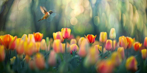 A hummingbird is flying over a field of yellow and orange flowers