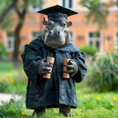 Wall Mural - Realistic Hippo wearing dark graduation gown graduation hat colorful tassel, background university