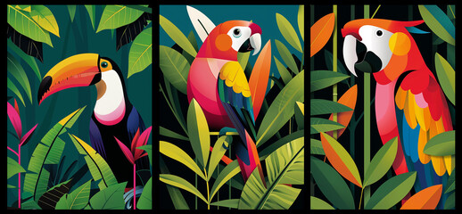 Set of colrful birds illustration in jungle
